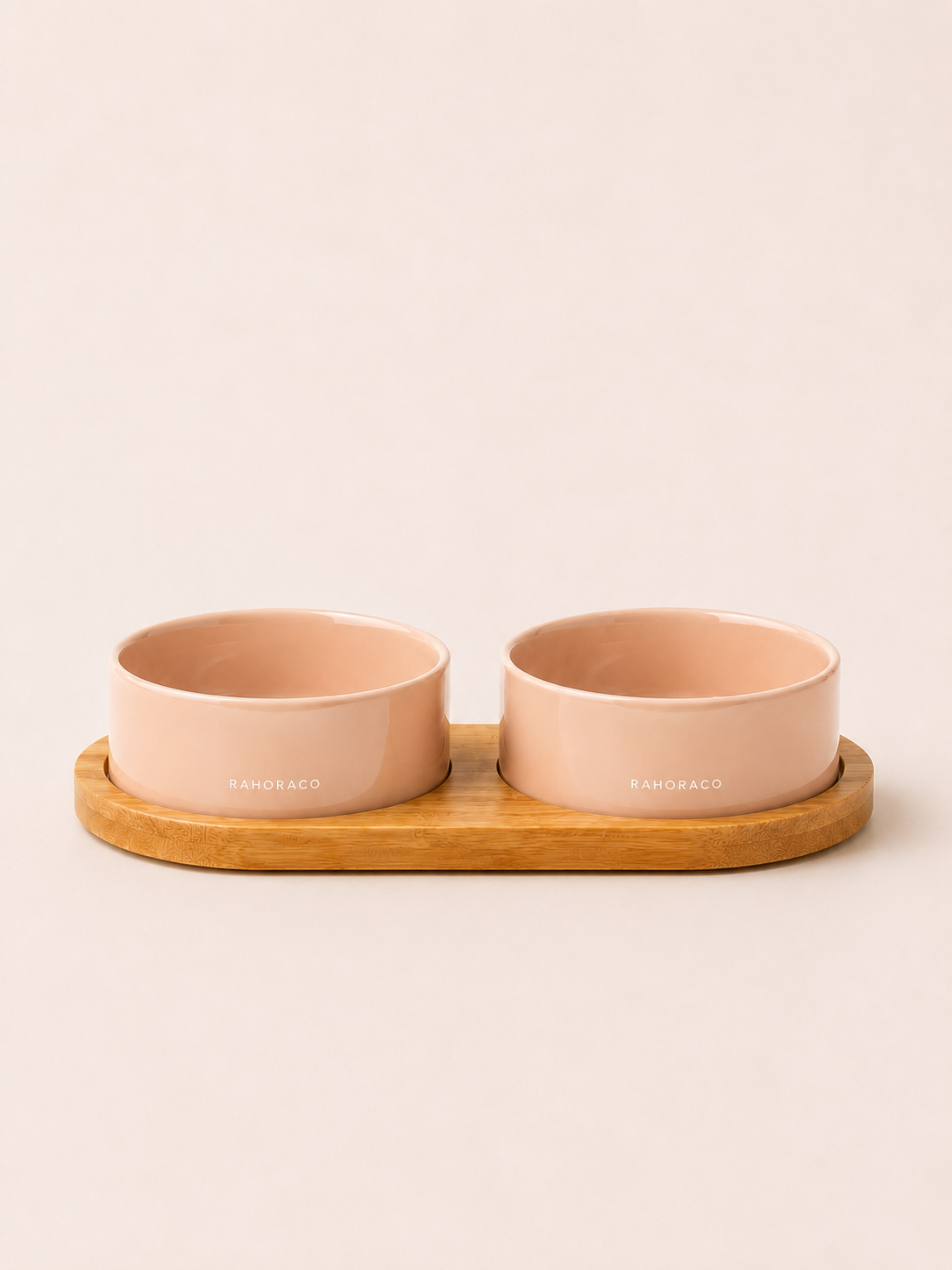 Classic Double Ceramic Pet Bowl Set with Wooden Tray