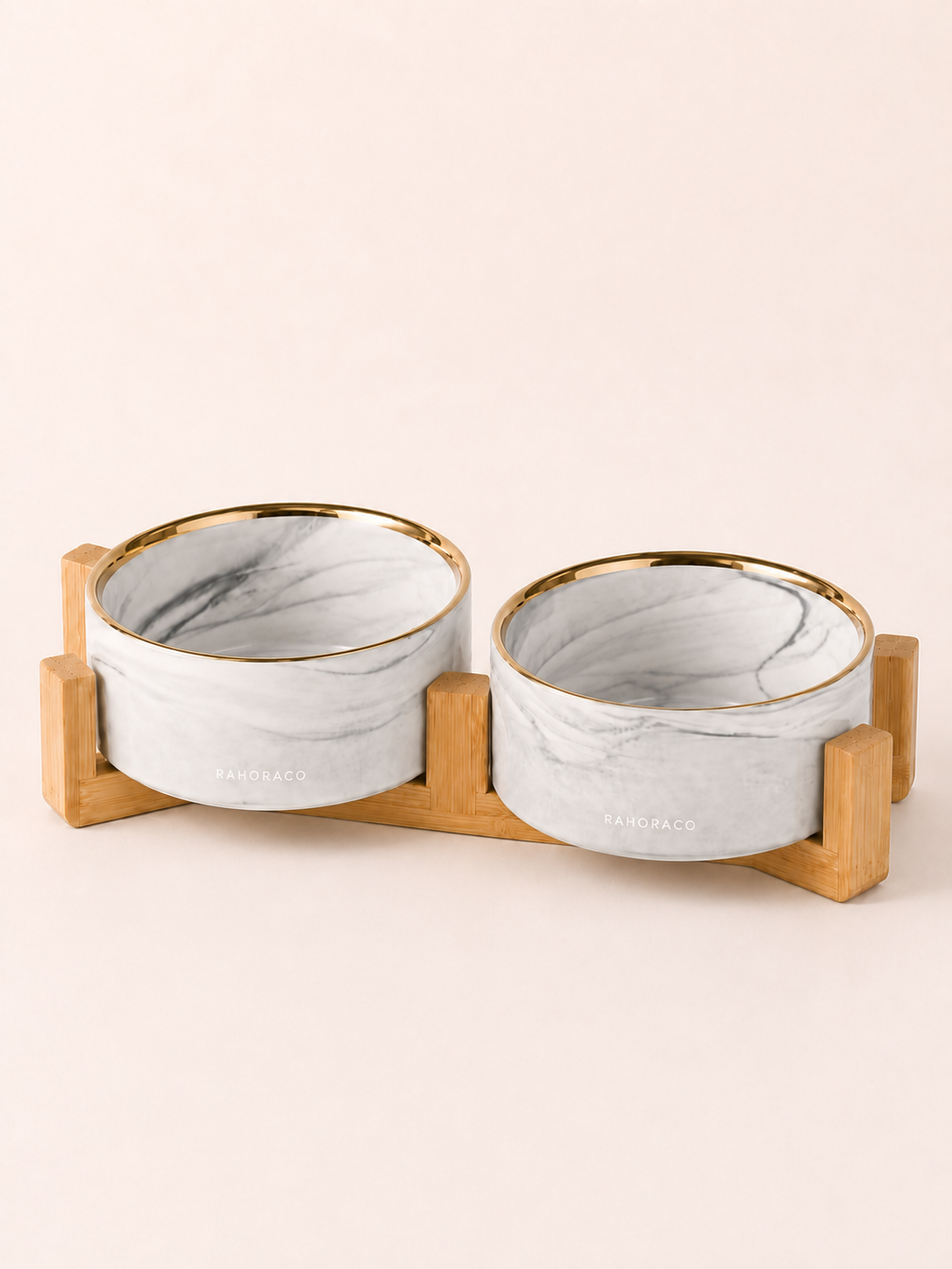 Marbled Double Pet Bowl Set with Bamboo Stand