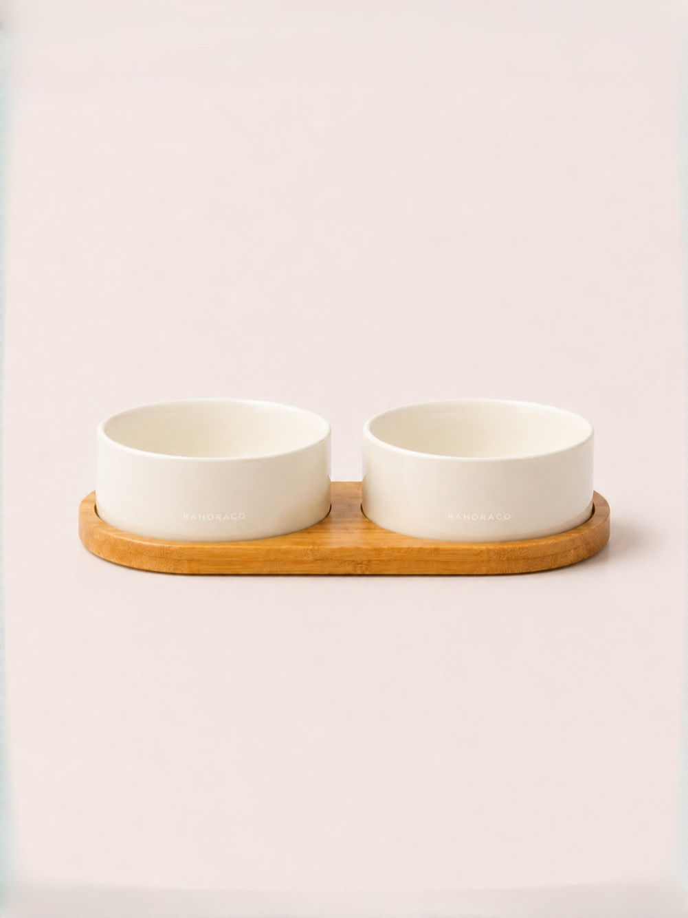 Classic Double Ceramic Pet Bowl Set with Wooden Tray