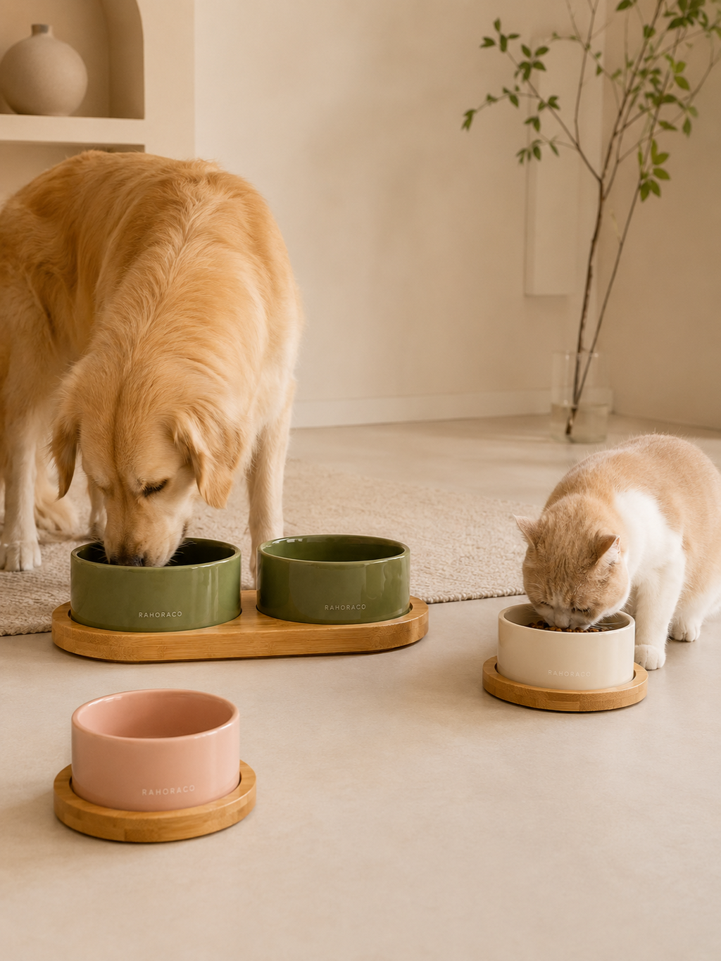 Classic Ceramic Pet Bowl with Wooden Tray