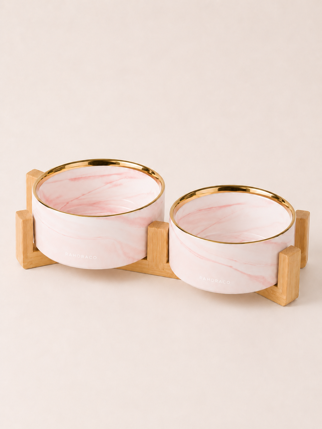 Marbled Double Pet Bowl Set with Bamboo Stand