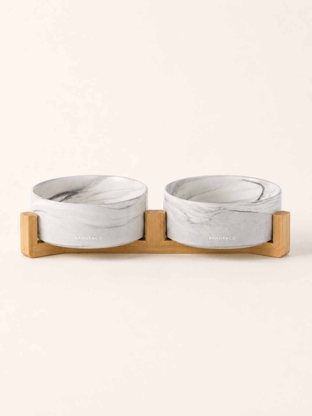 Marbled Double Pet Bowl Set with Bamboo Stand