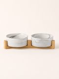 Marbled Double Pet Bowl Set with Bamboo Stand
