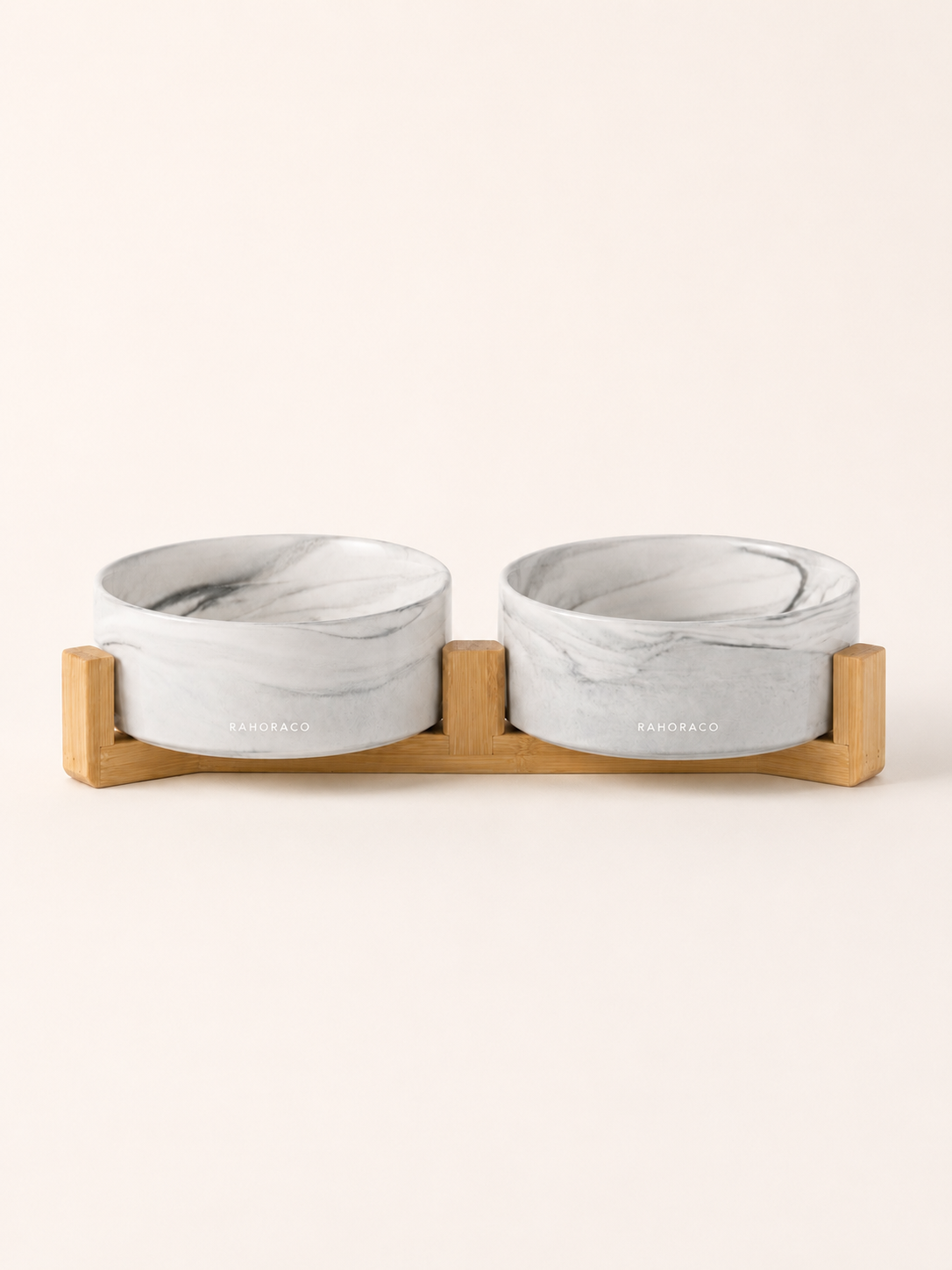 Marbled Double Pet Bowl Set with Bamboo Stand