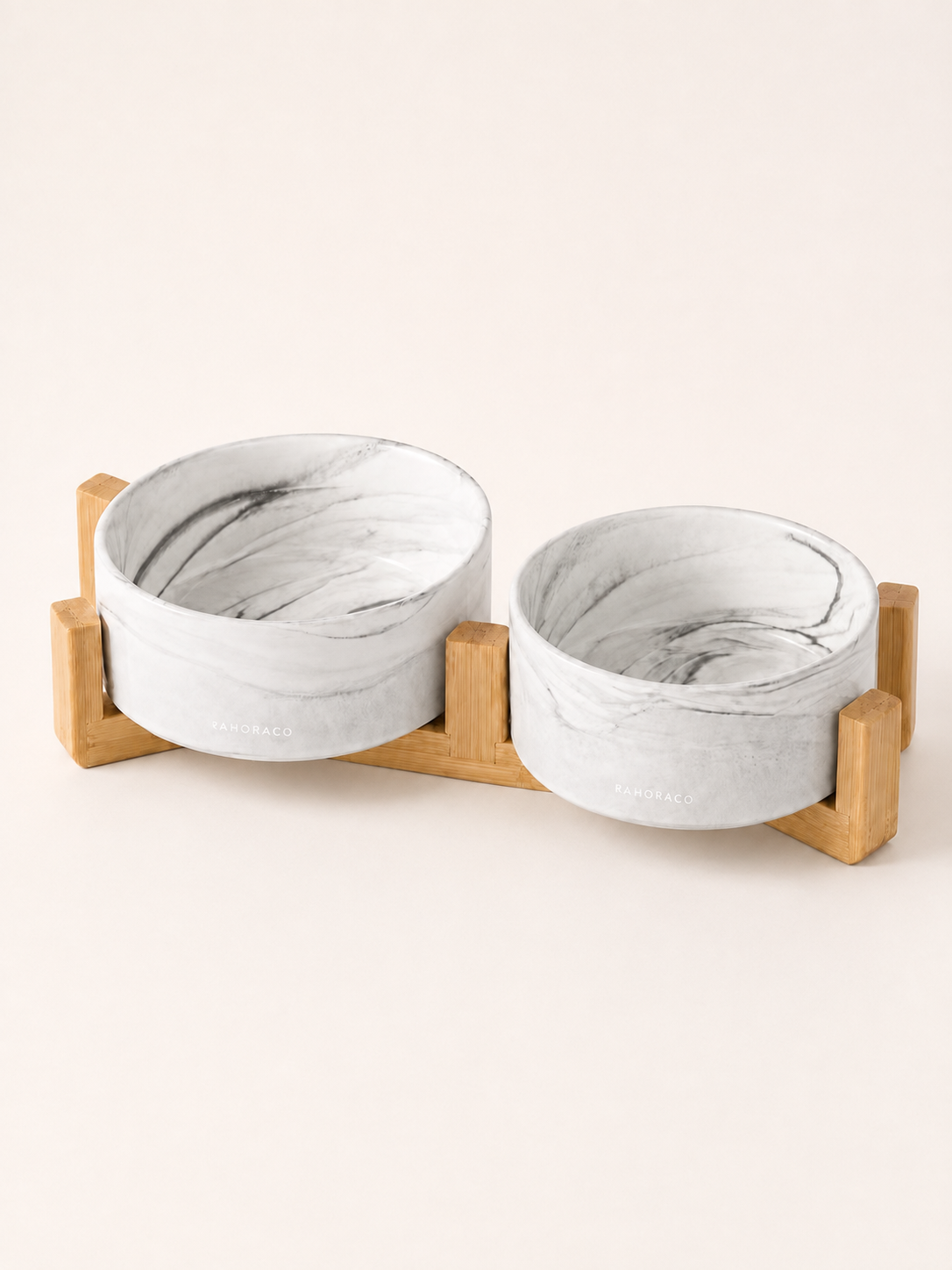 Marbled Double Pet Bowl Set with Bamboo Stand