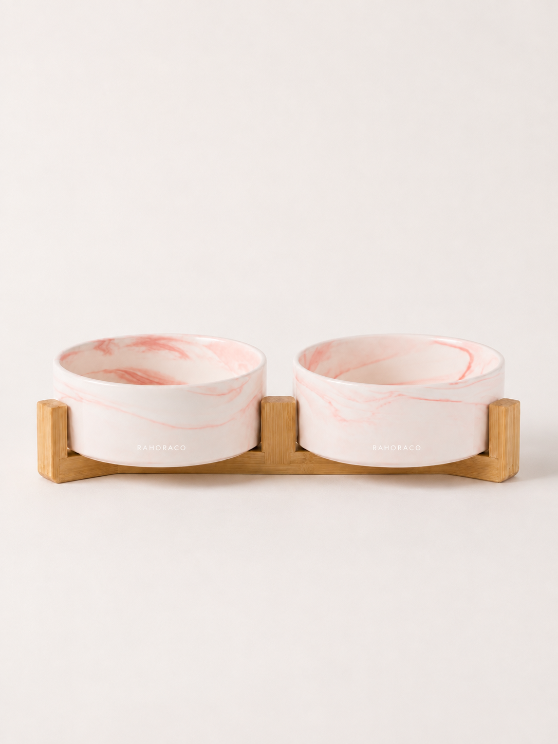 Marbled Double Pet Bowl Set with Bamboo Stand