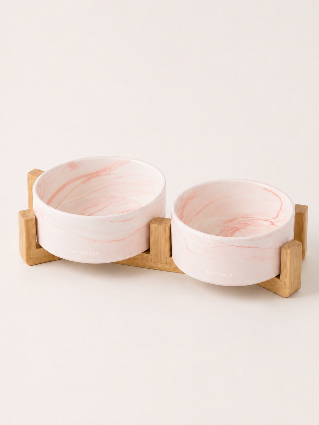 Marbled Double Pet Bowl Set with Bamboo Stand