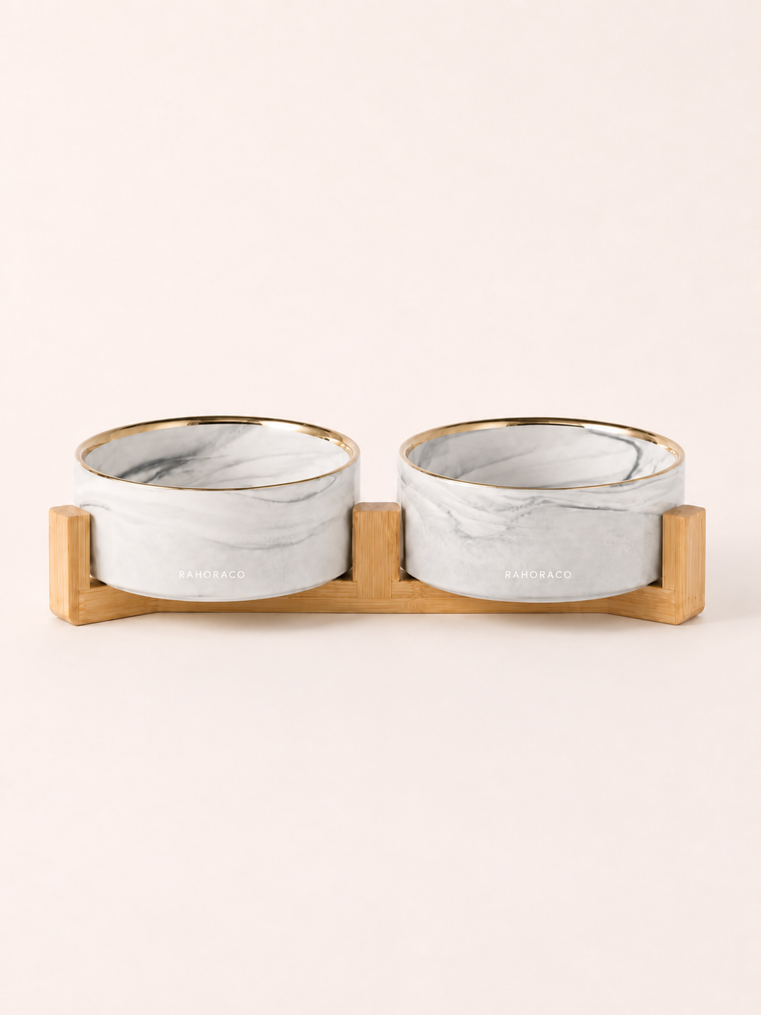 Marbled Double Pet Bowl Set with Bamboo Stand