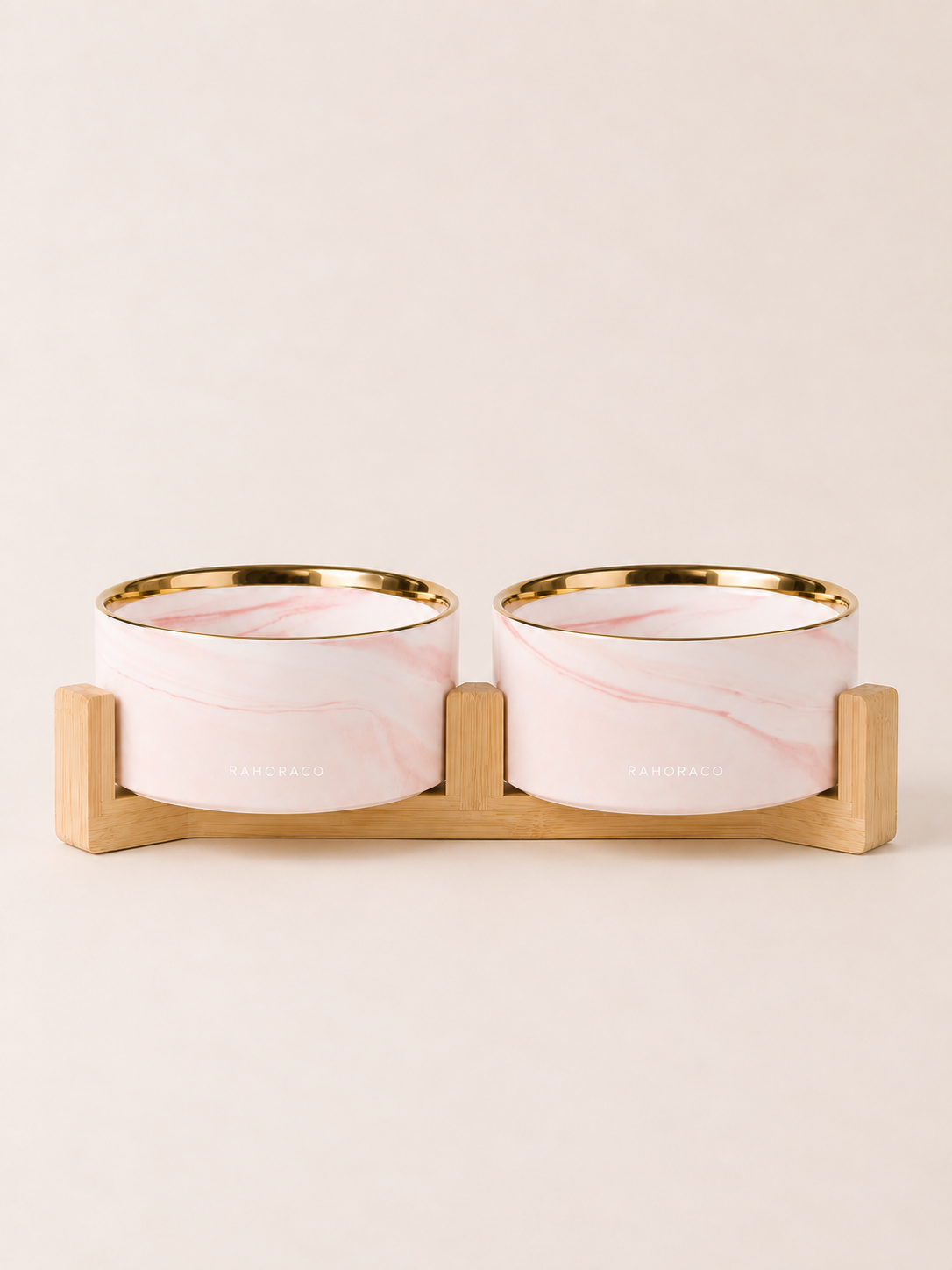 Marbled Double Pet Bowl Set with Bamboo Stand
