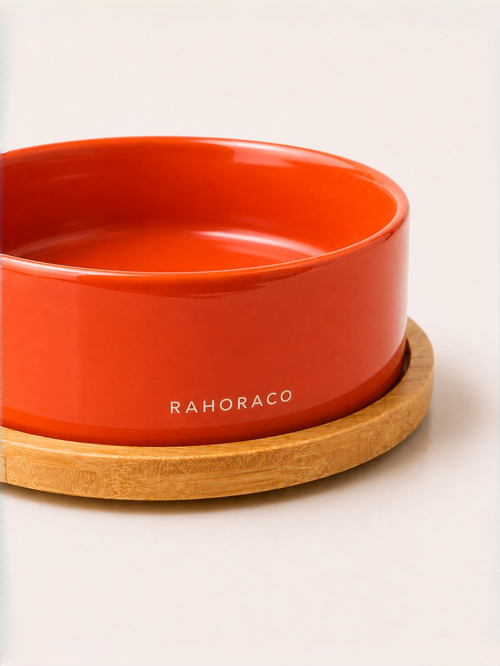Classic Double Ceramic Pet Bowl Set with Wooden Tray