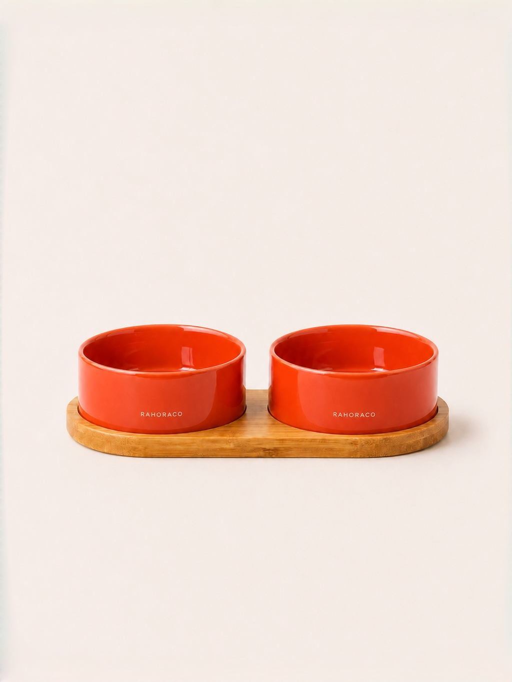 Classic Double Ceramic Pet Bowl Set with Wooden Tray