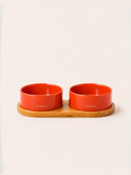 Classic Double Ceramic Pet Bowl Set with Wooden Tray