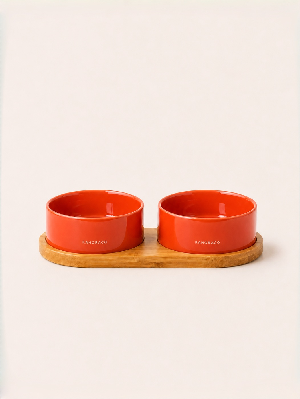 Classic Double Ceramic Pet Bowl Set with Wooden Tray