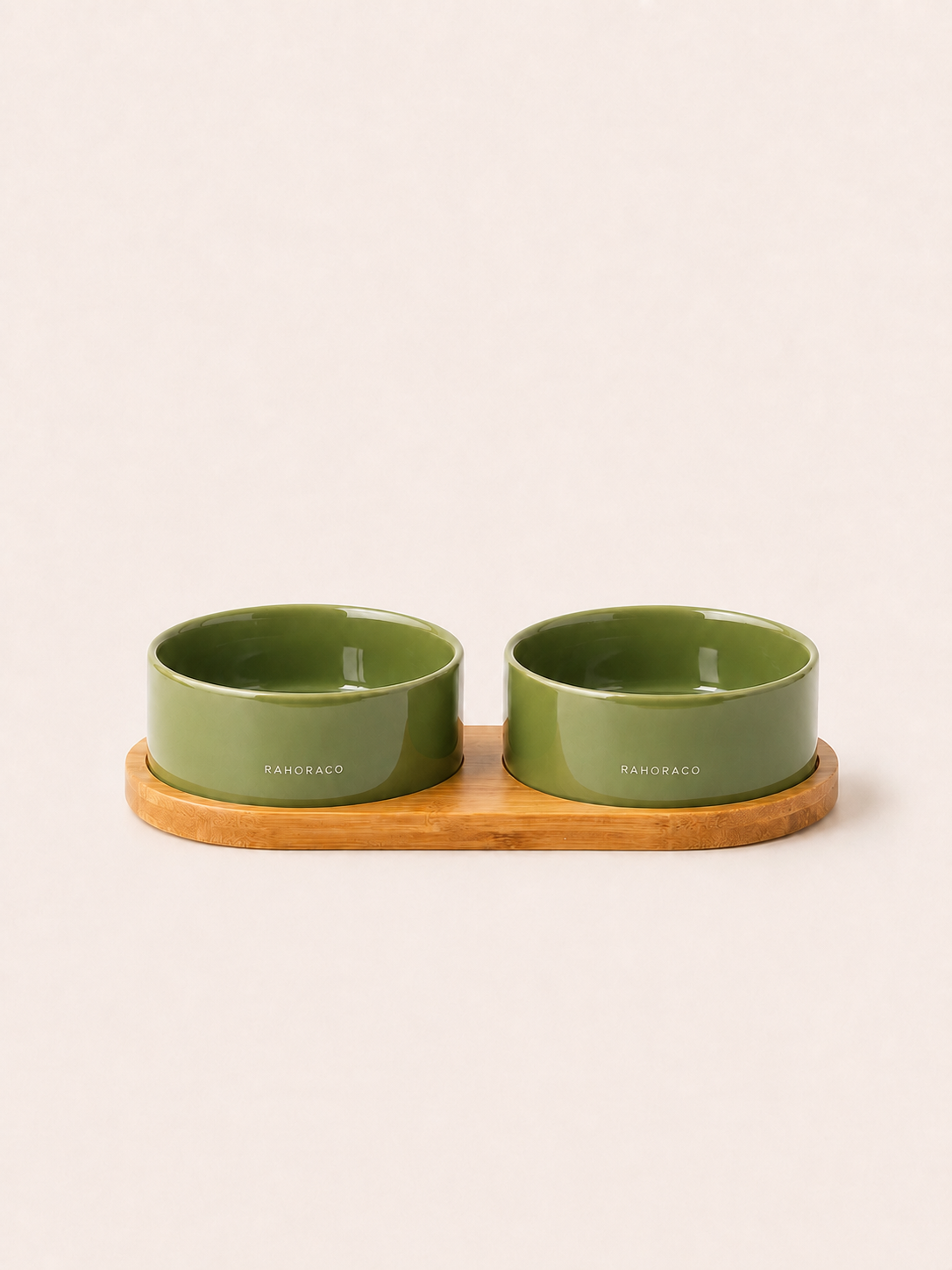 Classic Double Ceramic Pet Bowl Set with Wooden Tray