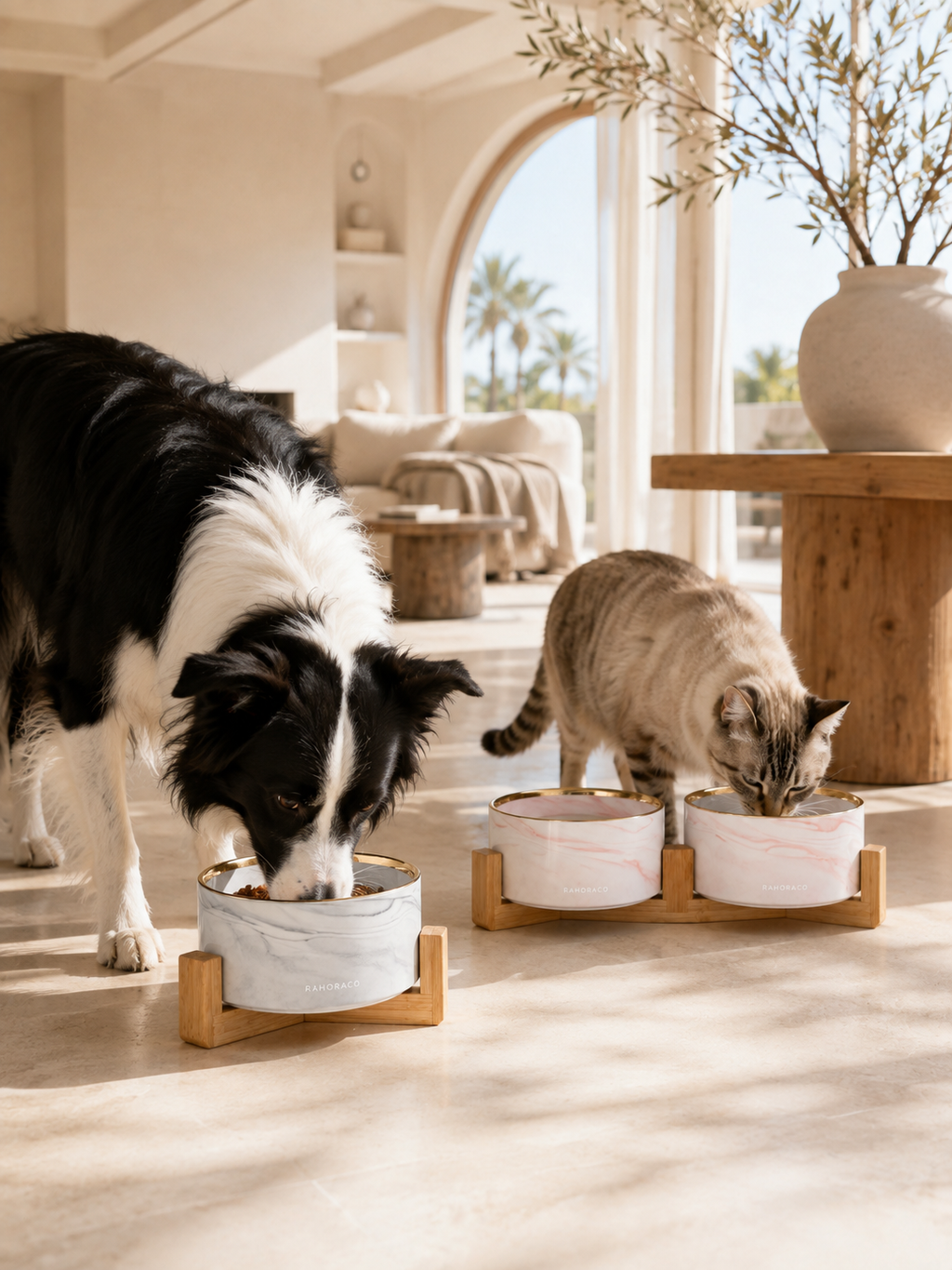 Marbled Double Pet Bowl Set with Bamboo Stand