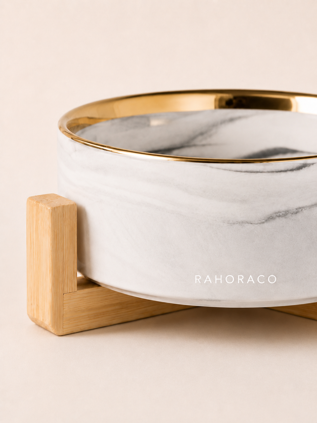 Marbled Double Pet Bowl Set with Bamboo Stand
