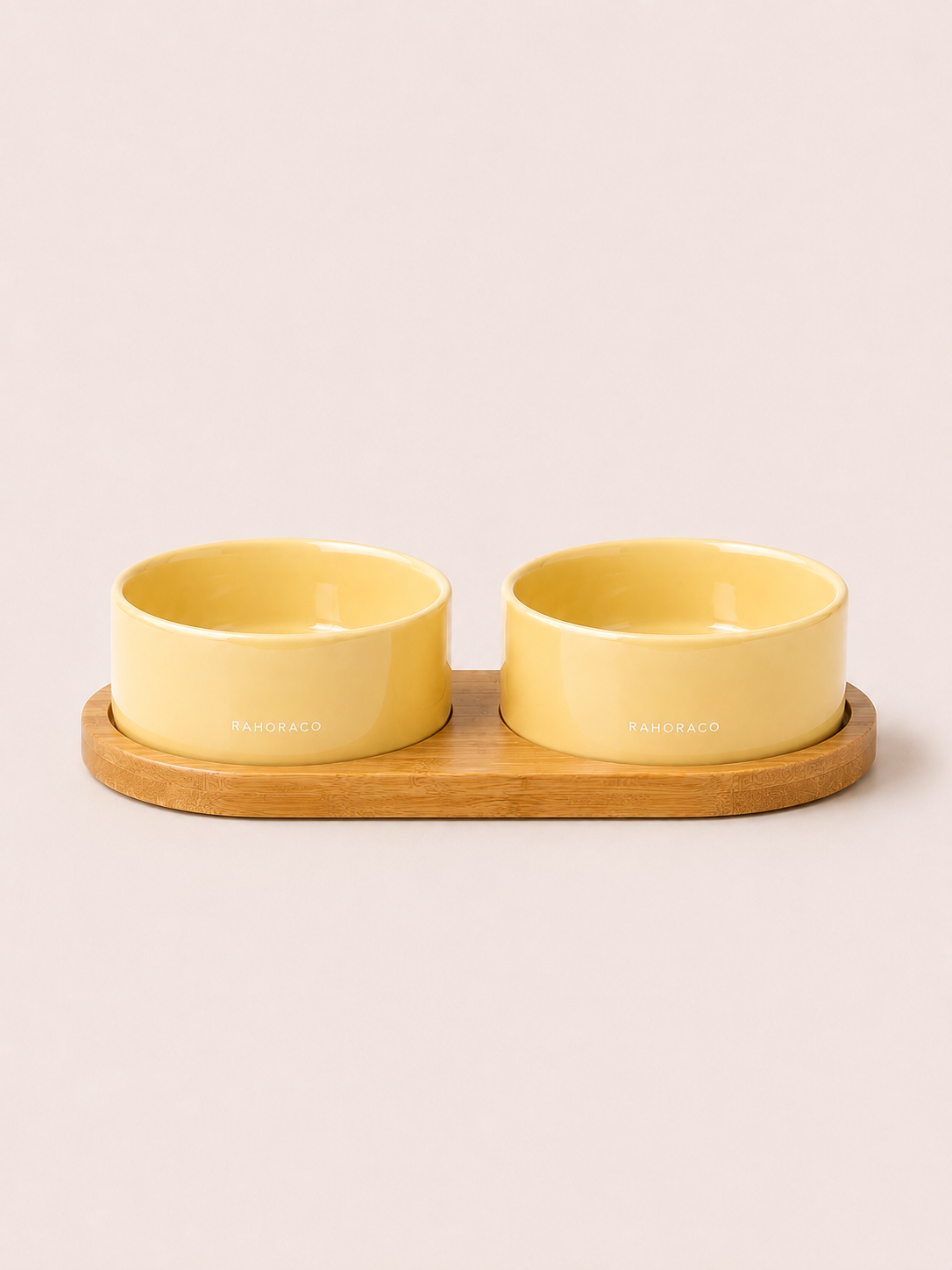 Classic Double Ceramic Pet Bowl Set with Wooden Tray